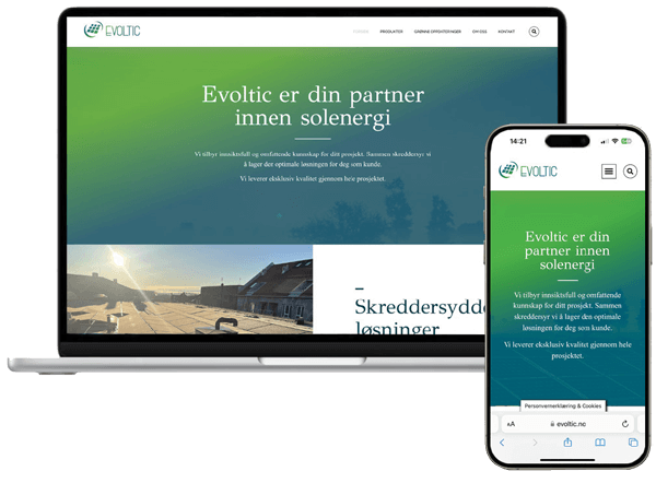 Evoltic sin nettside utviklet av Voxe, vist på laptop og mobil