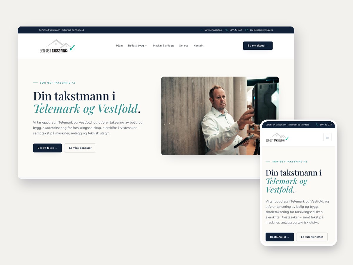 Ny nettside for Sør-Øst Taksering utviklet av Voxe, vist på desktop og mobil