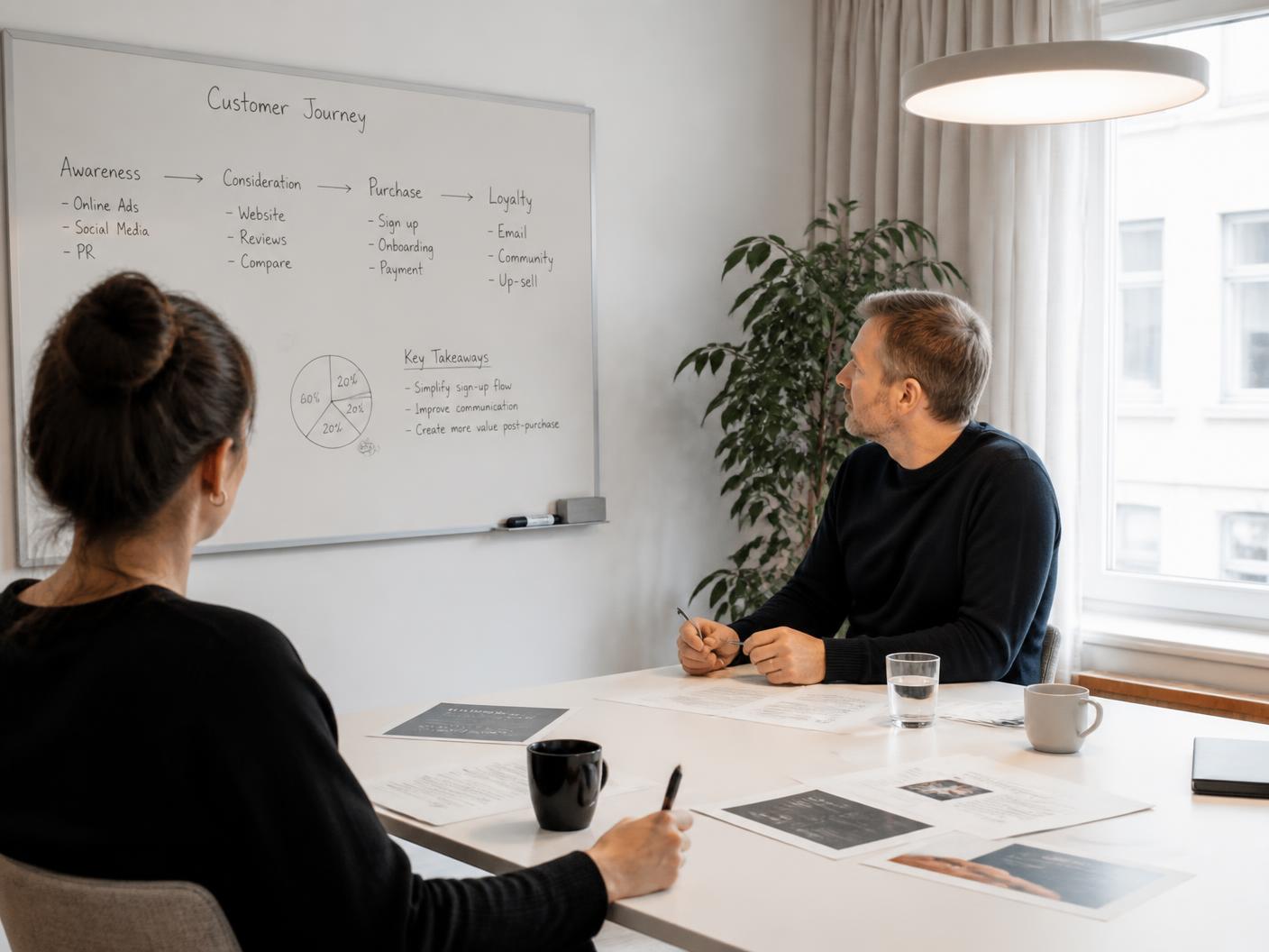 Rådgiver og bedriftseier i samtale i et lyst, nordisk arbeidsrom